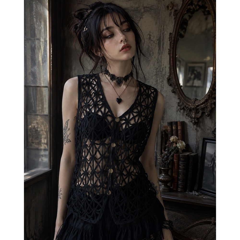 Agapo Vintage Black Macrame Whimsigoth Layering Vest L Woven Lattice Cinch Back